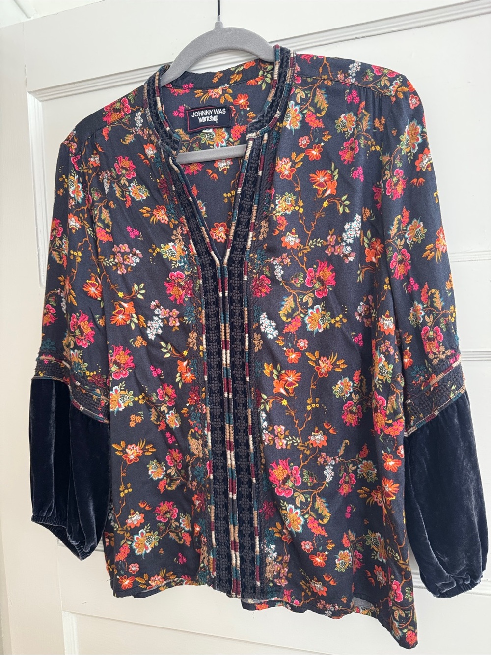 Johnny Was Black Floral Velvet-Sleeve Blouse